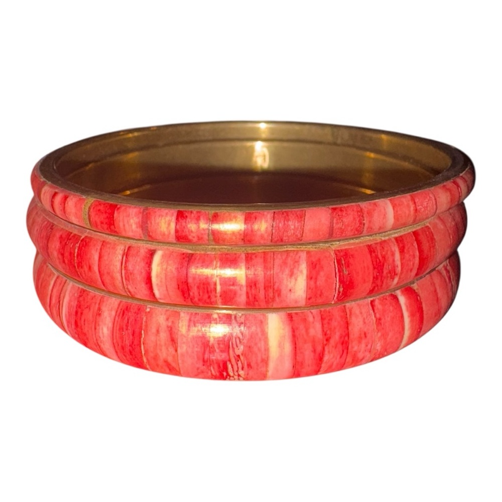 Vintage Pink Shell Brass Bangle Set of 3 Boho Chic Bracelet J16